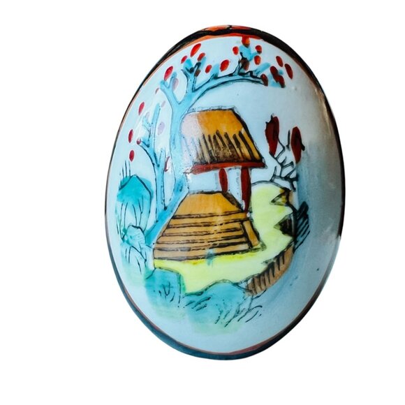 Hand-Painted Satsuma Porcelain Decorative Asian-Themed Egg With Floral & Village - Picture 3 of 9